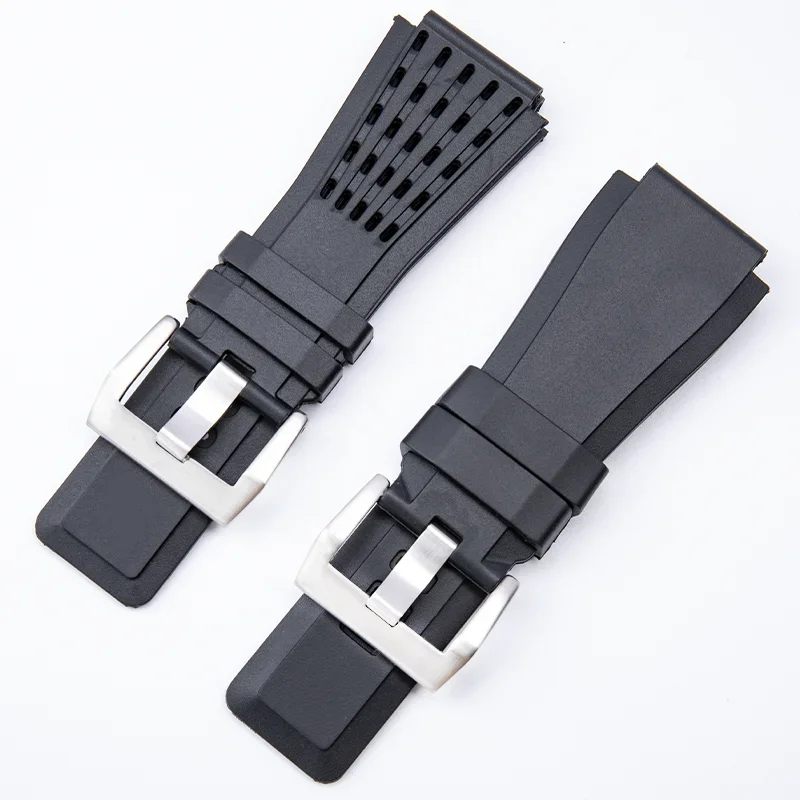 24mm Nature Black Rubber Watchband Pin Buckle Accessories For Bell Ross Strap BR01 BR03 Waterproof Wristband