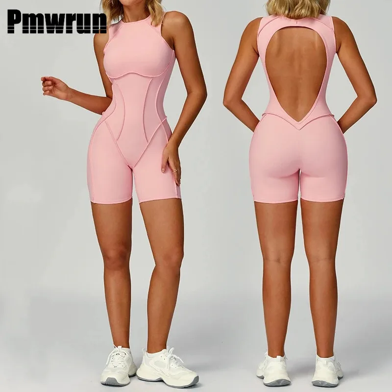 

PMWRUN Women's Rompers Sports Overalls Padding Sporty Jumpsuit Tracksuit Fitness Set Hollowed-out Back Yoga Clothing Gym Set