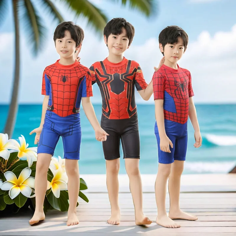 ชุดว่ายน้ำสไปเดอร์แมนเด็กผู้ชายชุดคอสเพลย์ผู้หญิงอเวนเจอร์สซูเปอร์ฮีโร่ชุดว่ายน้ำสำหรับเด็กเด็กไอรอนแมนรัดรูปบอดี้สูทว่ายน้ำชายหาด