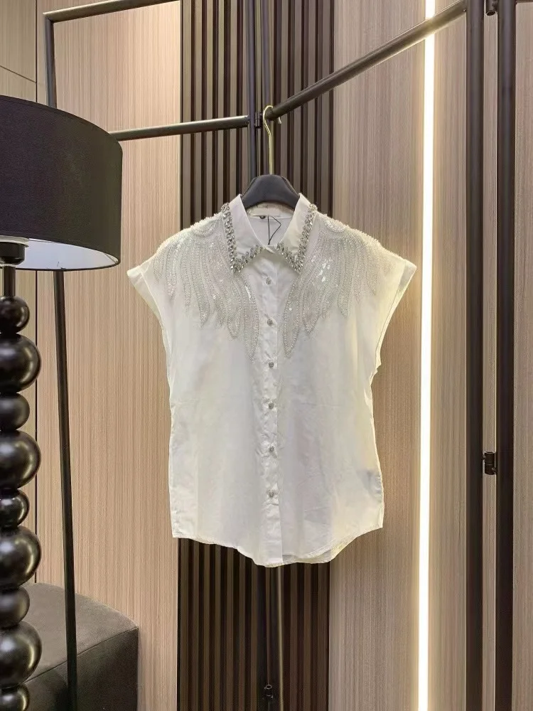 Luxury Sparking Rhinestone Beading Cotton Shirts Women\'s Summer 2024 Loose Blouses Shirts New In Short Sleeve White Top Blusas