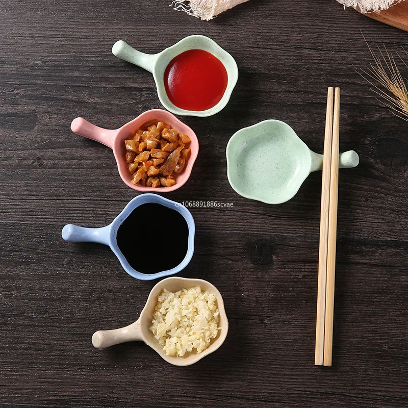 Mini Seasoning Bowl All-purpose Wheat Straw Seasoning Small Dish with Handle Sauce Vinegar Seasoning Dish Sauce Snack Plate 1pcs