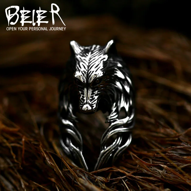 Beier Vintage 316L Stainless Steel Wolf Viking Ring Domineering Animal Fashion Unique Jewelry