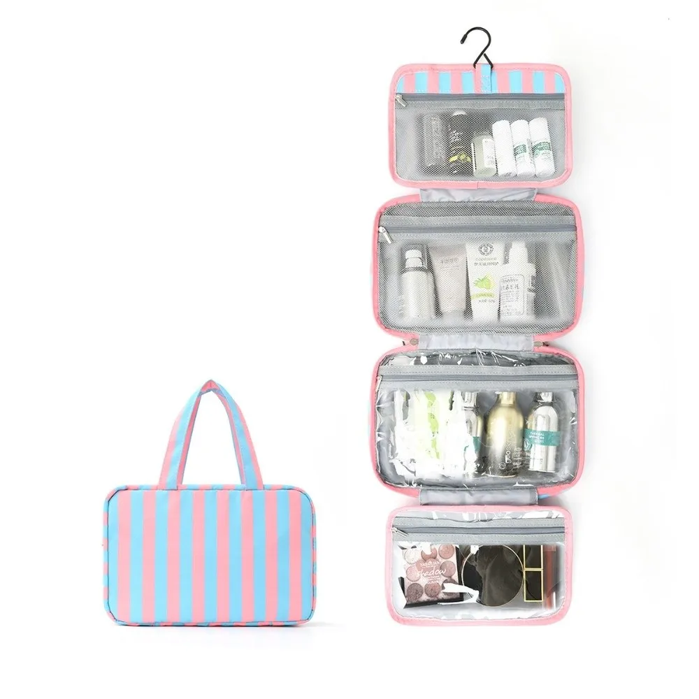 Portable Hanging Travel Toiletry Bag 4-Fold with Hook Makeup Bag Large Capacity Striped Cosmetic Bag Travel image 3
