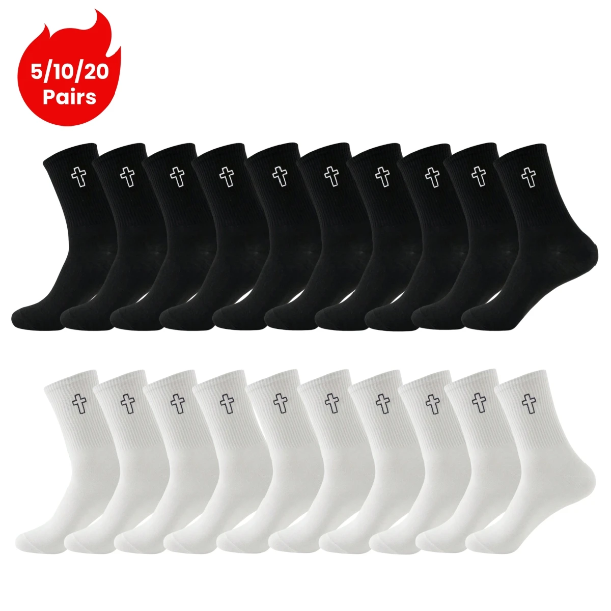 5/10/20 Pairs Crew Socks with Cross Pattern, Comfort, Breathability, Moisture Absorption, and Sweat Wicking