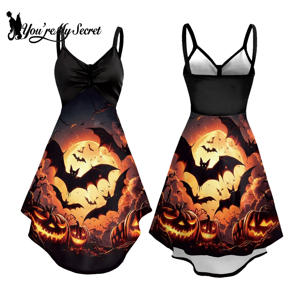 [You're My Secret] Women's Backless V Neck Midi Camisole Dress Halloween Pumpkin printed Performance Fancy Party Dresses