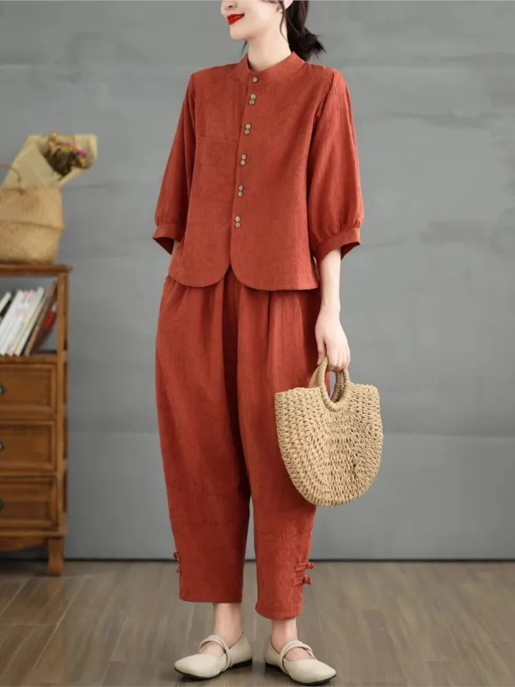 Oversized Summer 2 Two Piece Set Women Lantern Sleeve Fashion Ladies Cropped Shirts Loose Pleated Elastic Waist Woman Harem Pant