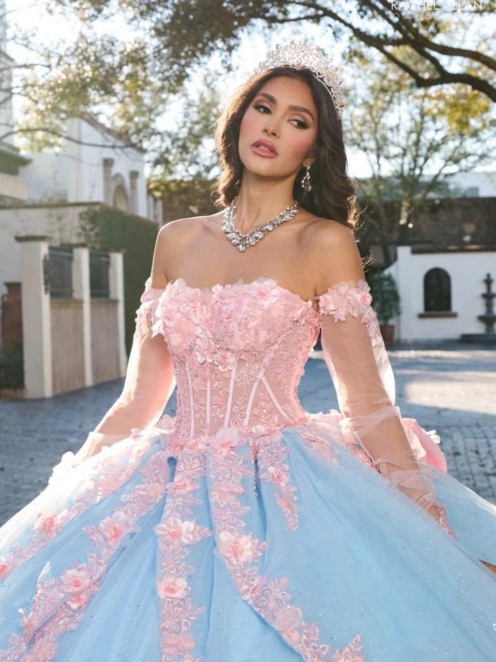 blue flower quince dress Rachel Allan RQ3153 Puff Sleeve Quinceanera Dress