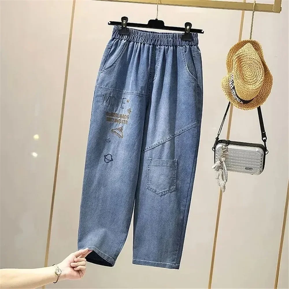 Summer Elastic Waist Jeans Women Vintage Embroidery Denim Pants Ladies Casual Retro Floral Cowboy Fashion Cropped Harem Trousers