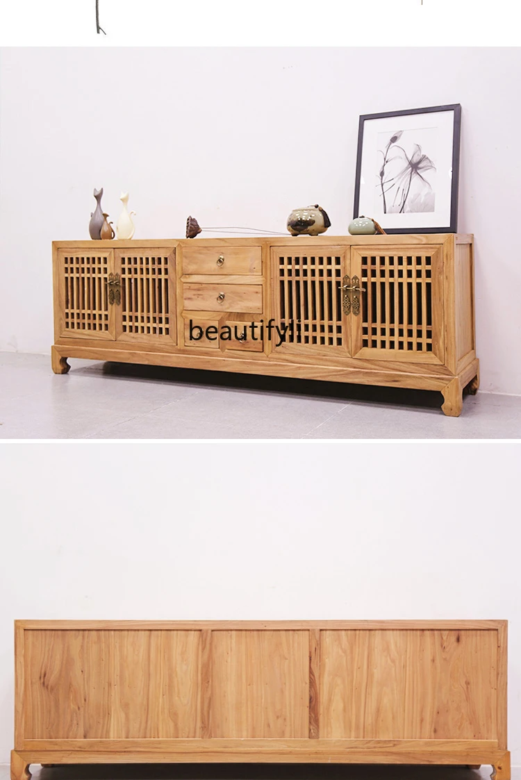 New Chinese TV Cabinet Old Elm Wood Hollow-out Floor Living Room Curio Cabinet Solid Wood Zen Tea Room Cabinet Retro