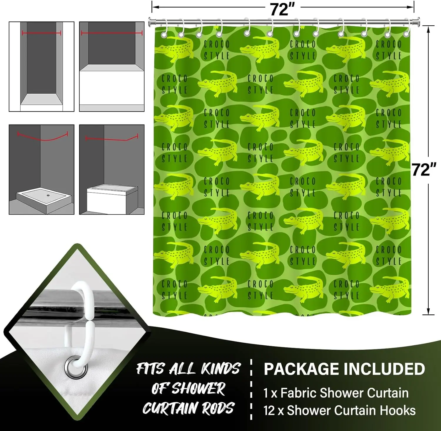 Cute Cartoon Crocodile Shower Curtain, Green Wild Animal Print, Waterproof Polyester Fabric, Funny Aesthetic Home Bathroom Decor