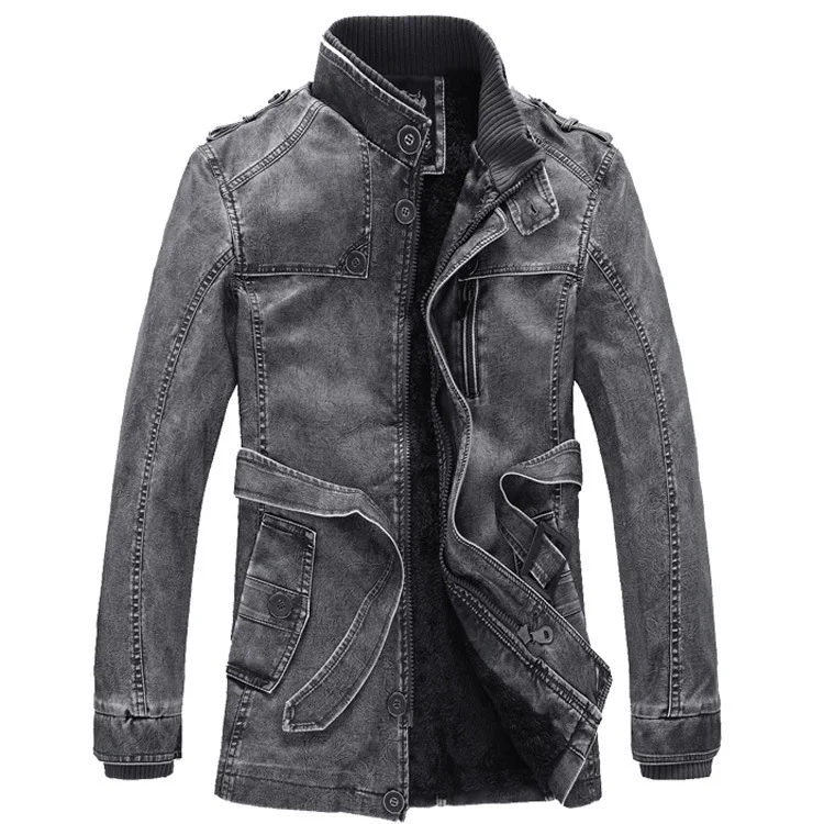 2025 Men Leather Jacket Autumn Winter Vintage Stand Collar Belt Washed Male Plush Coat Long Sleeve Mid Length Man Outerwear