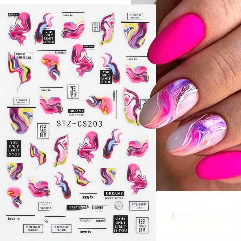 피는 대리석 네일 스티커 데칼 3D 웨이브 라인 꽃 편지 봄 디자인 매니큐어 문신 네일 아트 슬라이더 장식
