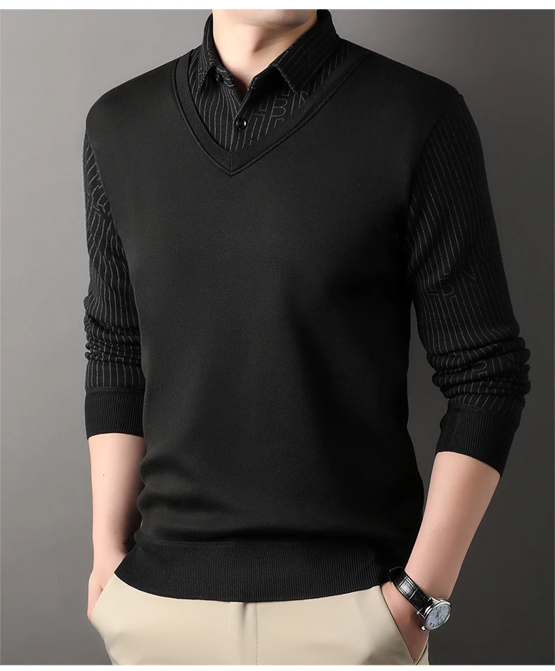 Herren Plaid Pullover Fleece Pullover Slim Fit Elegante Luxus Marke Gefälschte Zwei Stücke Gestrickte Pullover – Detail 21