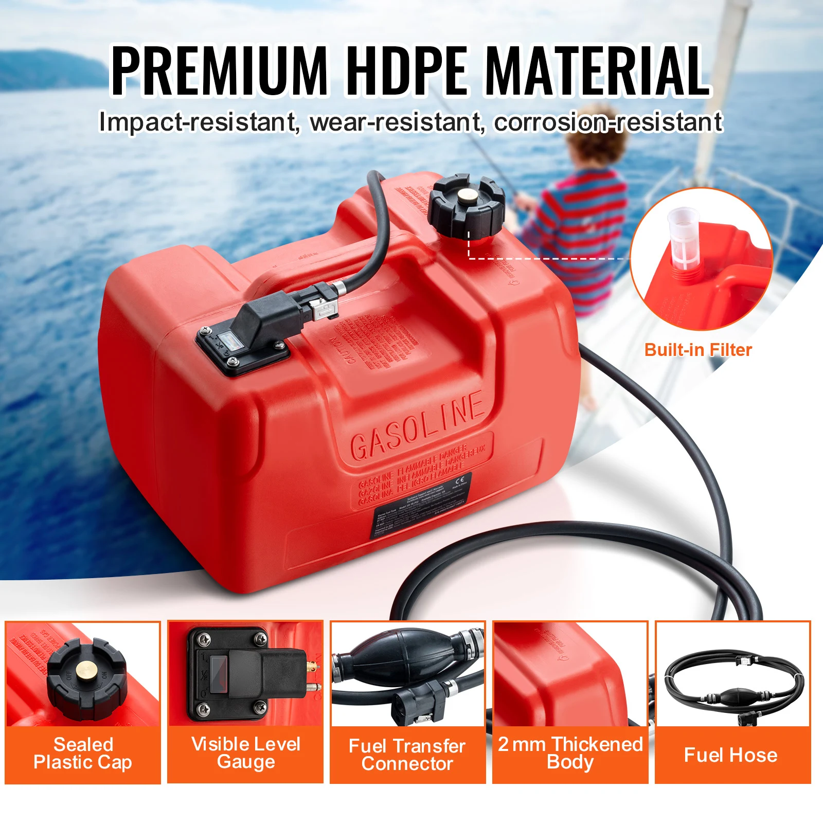 SucceBuy 3Gal/12L Fuel Tank Mororcycle Accessories Petrol Cans with Hose Barrels Gas Spare Container for Yacht Fishing Deck Boat