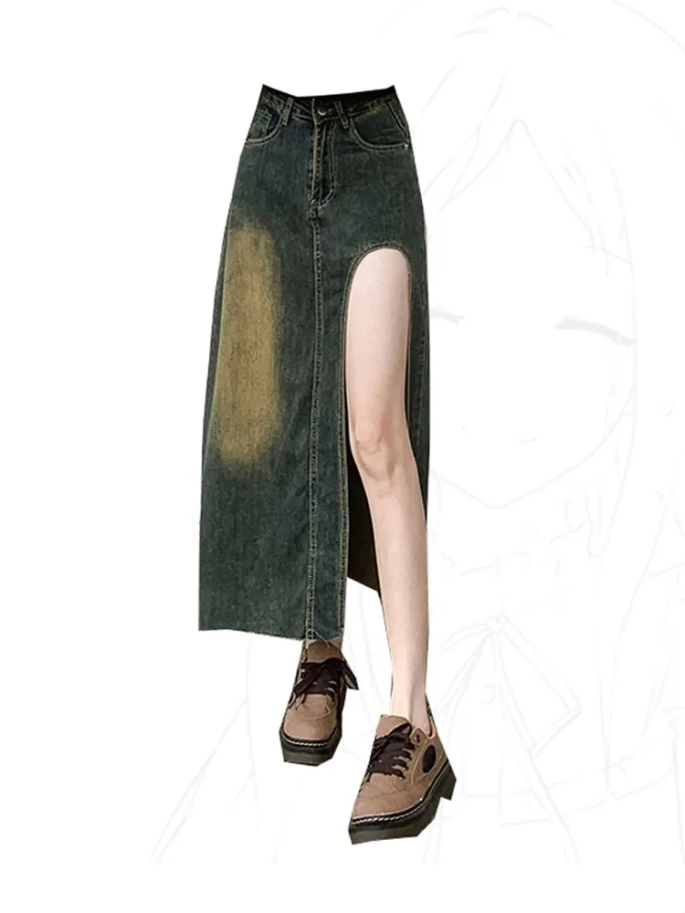 

High Quality Blue Denim Skirt Ankle-Length Sexy Women 2000s Aesthetic Vintage Classical Cozy A-Line Skirt Spring Summer Japanese