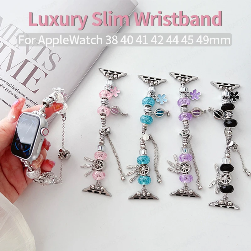 

Crystal Beads Bracelet for Apple Watch Band 44mm 45mm 42mm 40mm 49mm Women Stainless Steel Strap for Iwatch Series 7 5 4 3 Se6 8