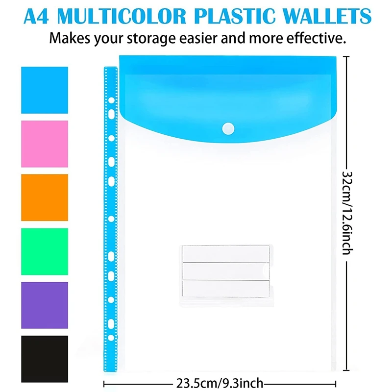 A4 Poly Envelope File Folder with Snap Button Waterproof Bag Money Bill Notebook Stationery Holder Office Documents Organizer