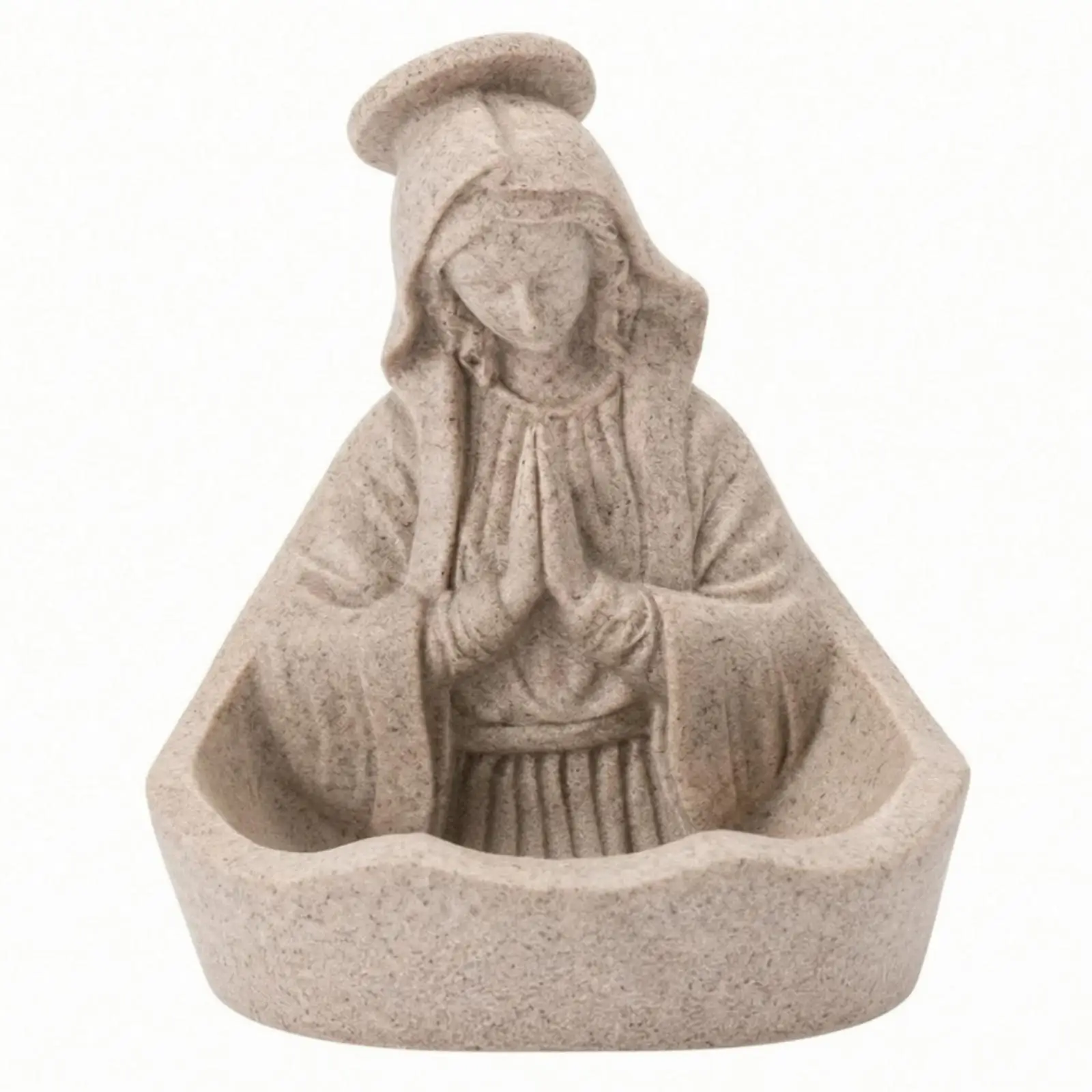 Resin Mother Mary Saint Decorative Bowl Figurine with Raised Relief Design and Receptacle for Devotional Decor Shelf Tabletop