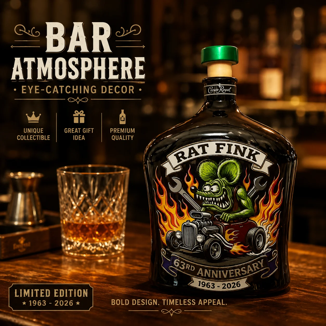 Rat Fink Garage Style Whiskey Decanter Retro Hot Rod & Flame Design Liquor Bottle Barware Gift for Mechanic & Car Lovers