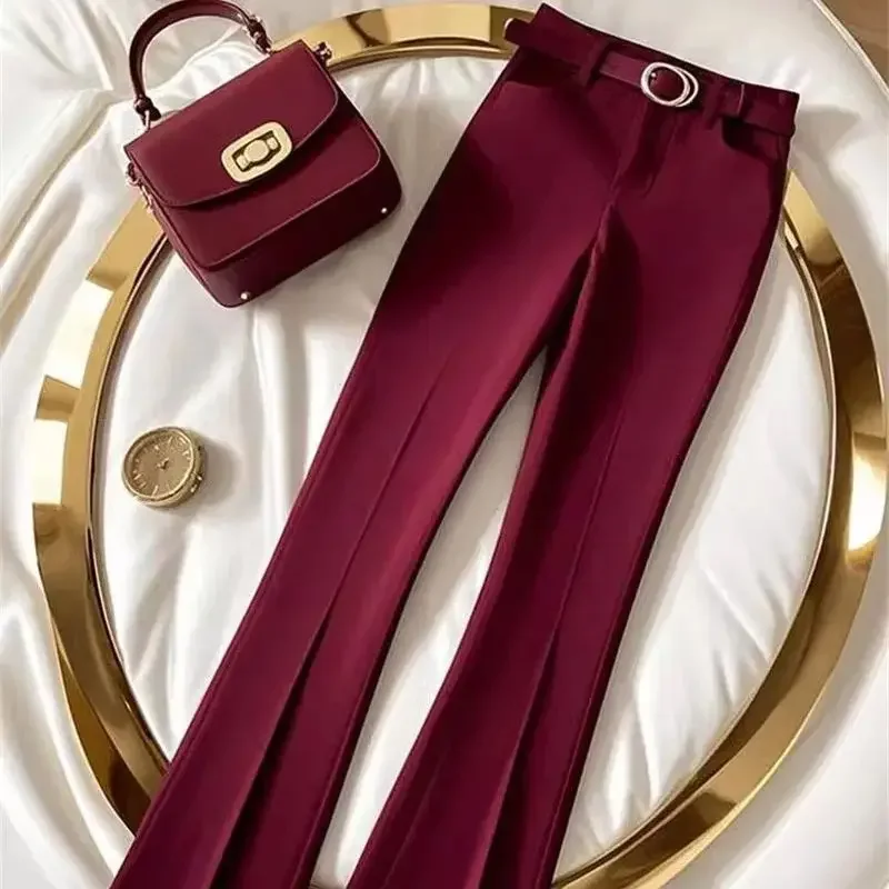 

Женские осенние модные брюки с высокой талией и поясом, универсальные 688P, винно-красные тонкие брюки, элитные расклешенные брюки