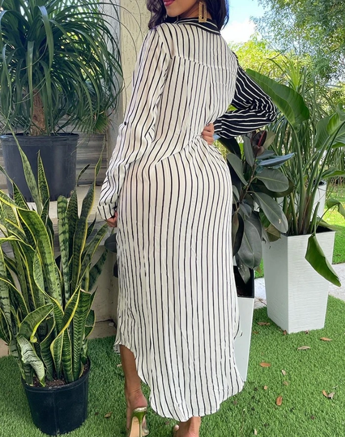 Womens Dresses 2024 Spring Fashion Striped Colorblock Long Sleeve Casual Turn-Down Collar Button Daily Straight Shirt Dress
