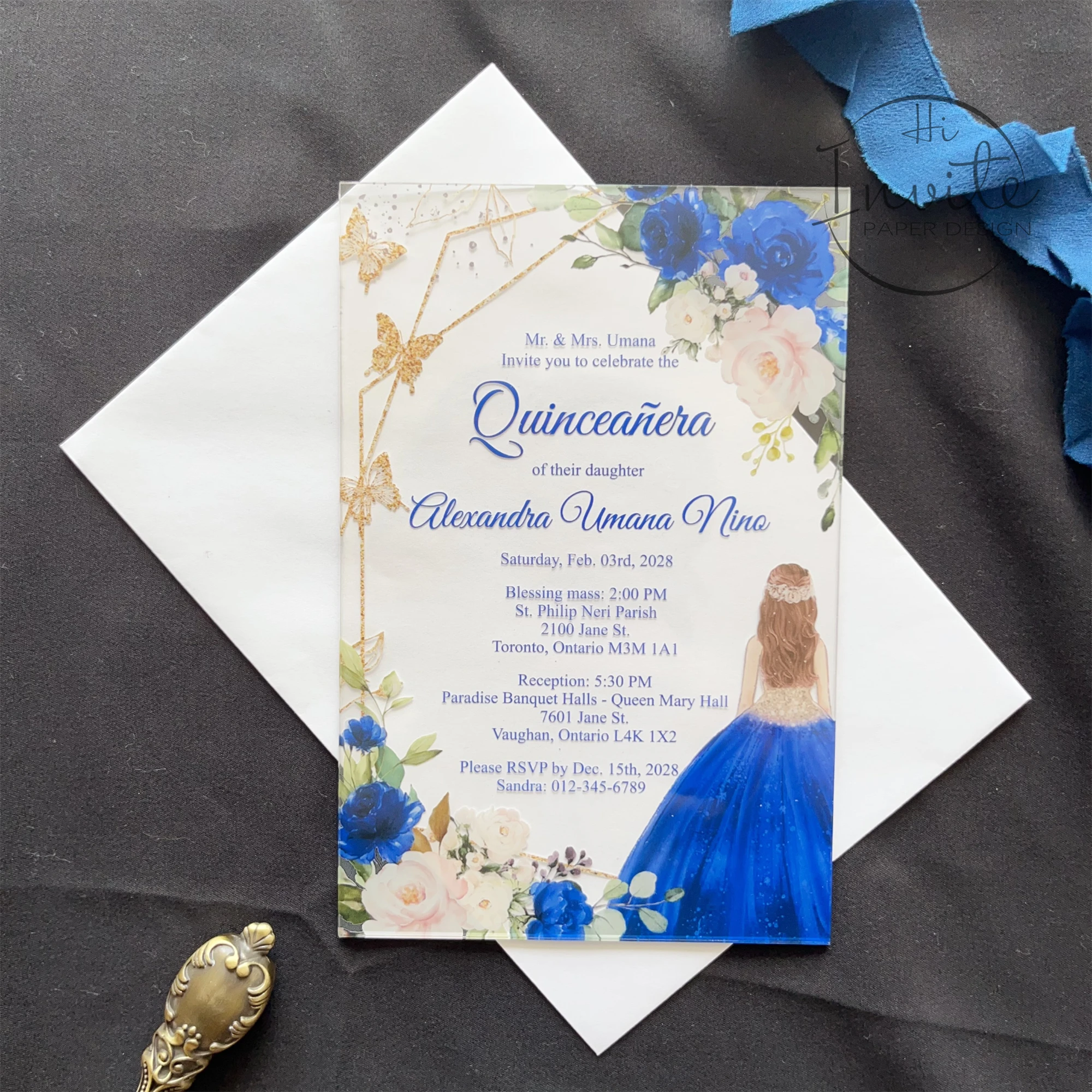 Royal Blue Rose And Gold Geometry Butterfly Quinceañera Invitation, Fancy Sweet 15 Invite, Modern Mis XV Anos Card In Spanish image 2