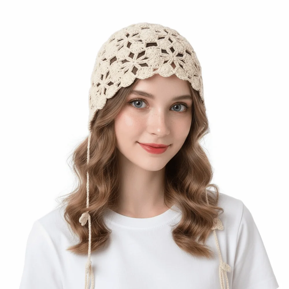 Retro Tassel Hollowed Out Knitted Hat Elegant Floral Crochet Flower Hat Ethnic Style Korean Weave Cap Apparel Accessories