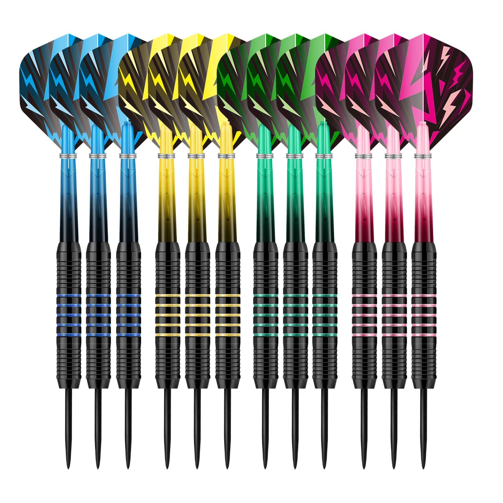 HUANQU 12PCS 24g Iron Steel Tip Darts Set, Professional Darts with Knurled Grip, Lightning Flights for Training & Home Games