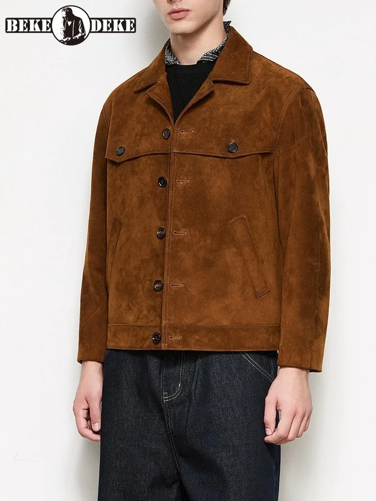 Retro Solid Color Single-Breasted Long Sleeves Genuine Leather Jacket Male Turn Down Collar Sheepskin Distressed Outerwear