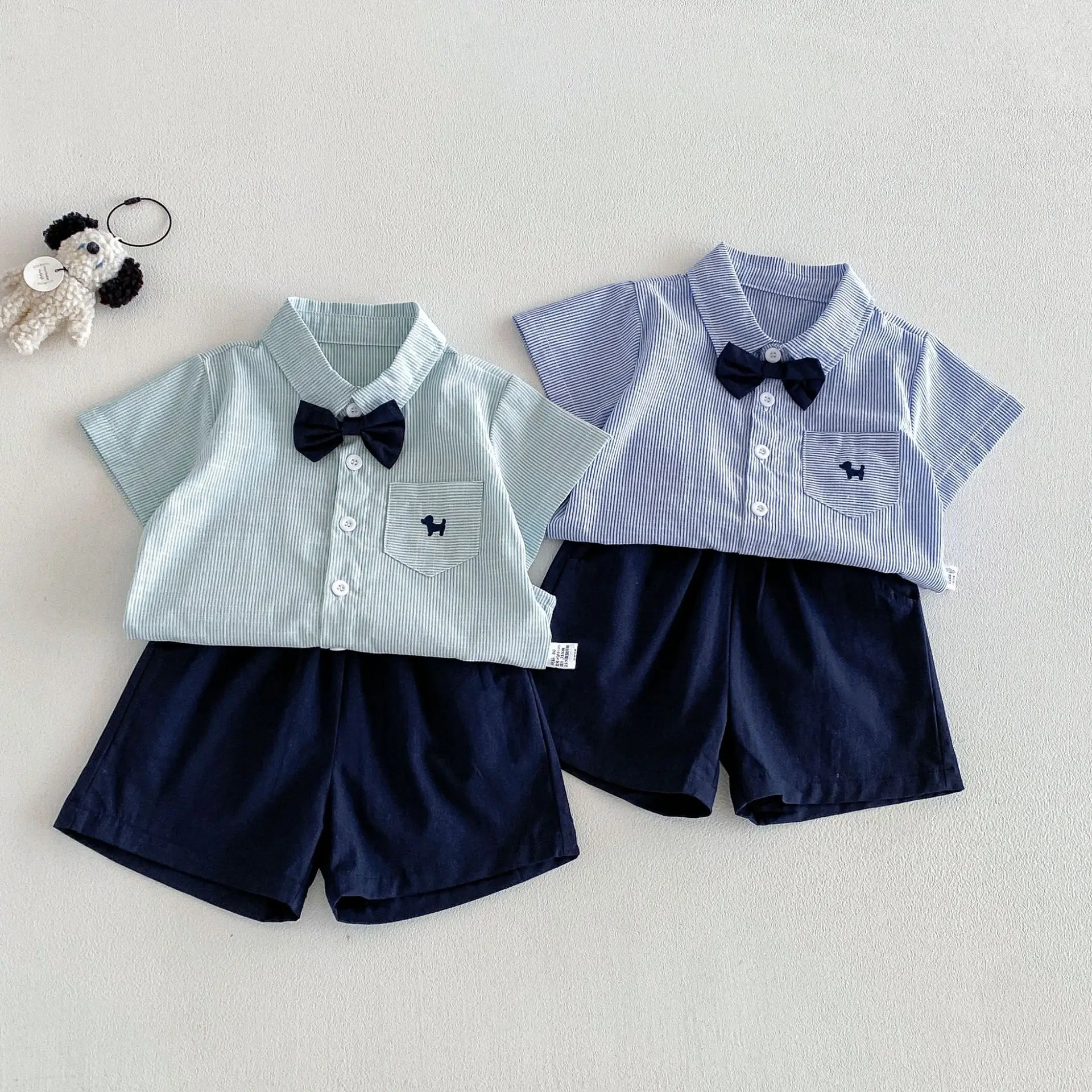 

2026 Summer New Children Short Sleeve Clothes Set Boys Bow Collar Striped T Shirts + Shorts 2pcs Suit Cotton Kids Casual Outfits