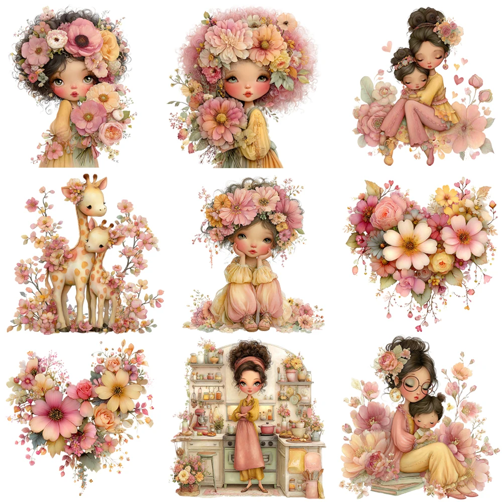 15cm Whimsical Mothers Day Flower Baby Mama Love Diy DTF Heat Transfer Sticker T-shirt Clothes Decals Iron On Transfer Stickers