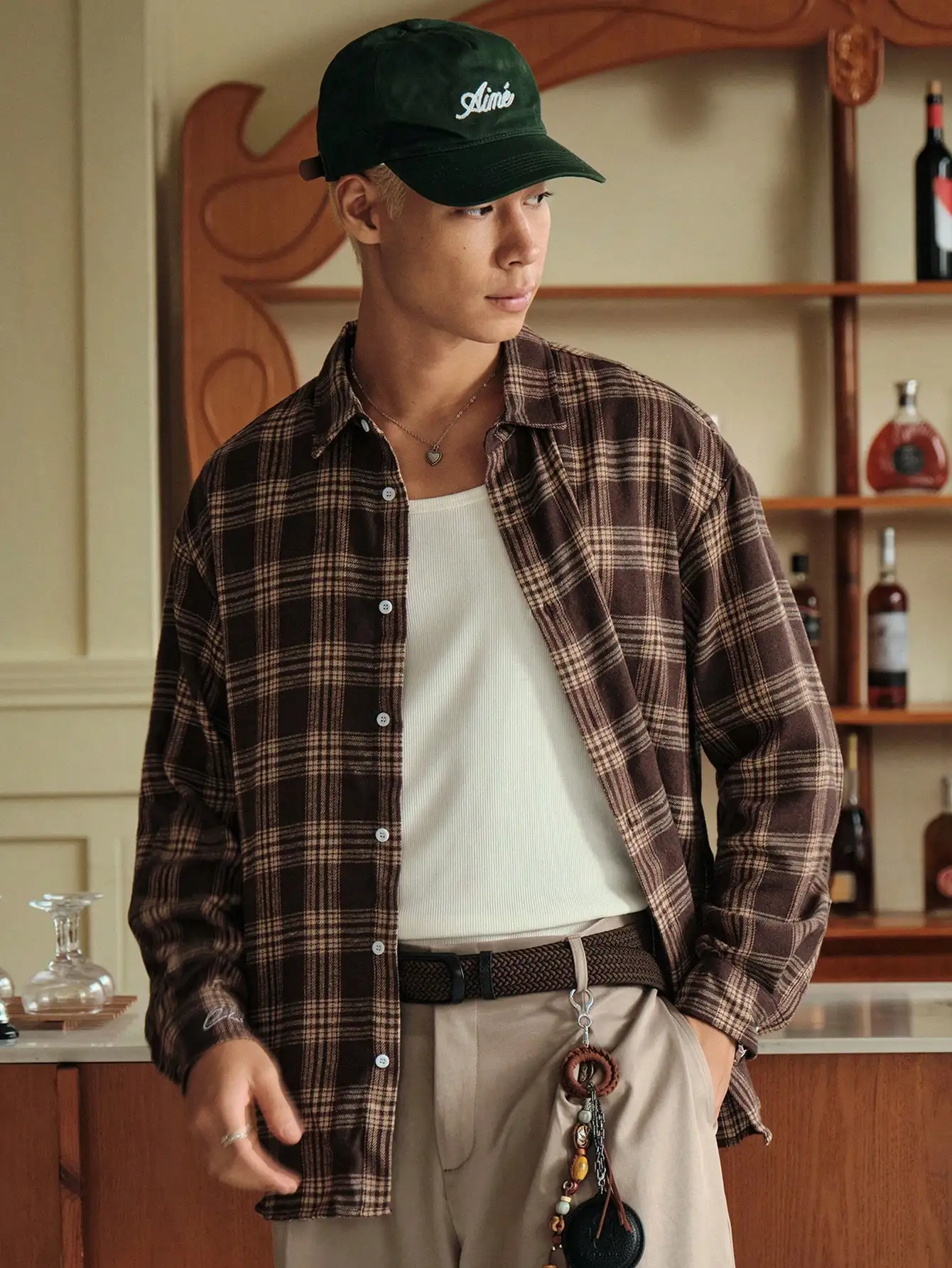 

Men's Oversized Cotton Plaid Shirt with Drop Shoulder, Long Sleeve, Casual Fall Top