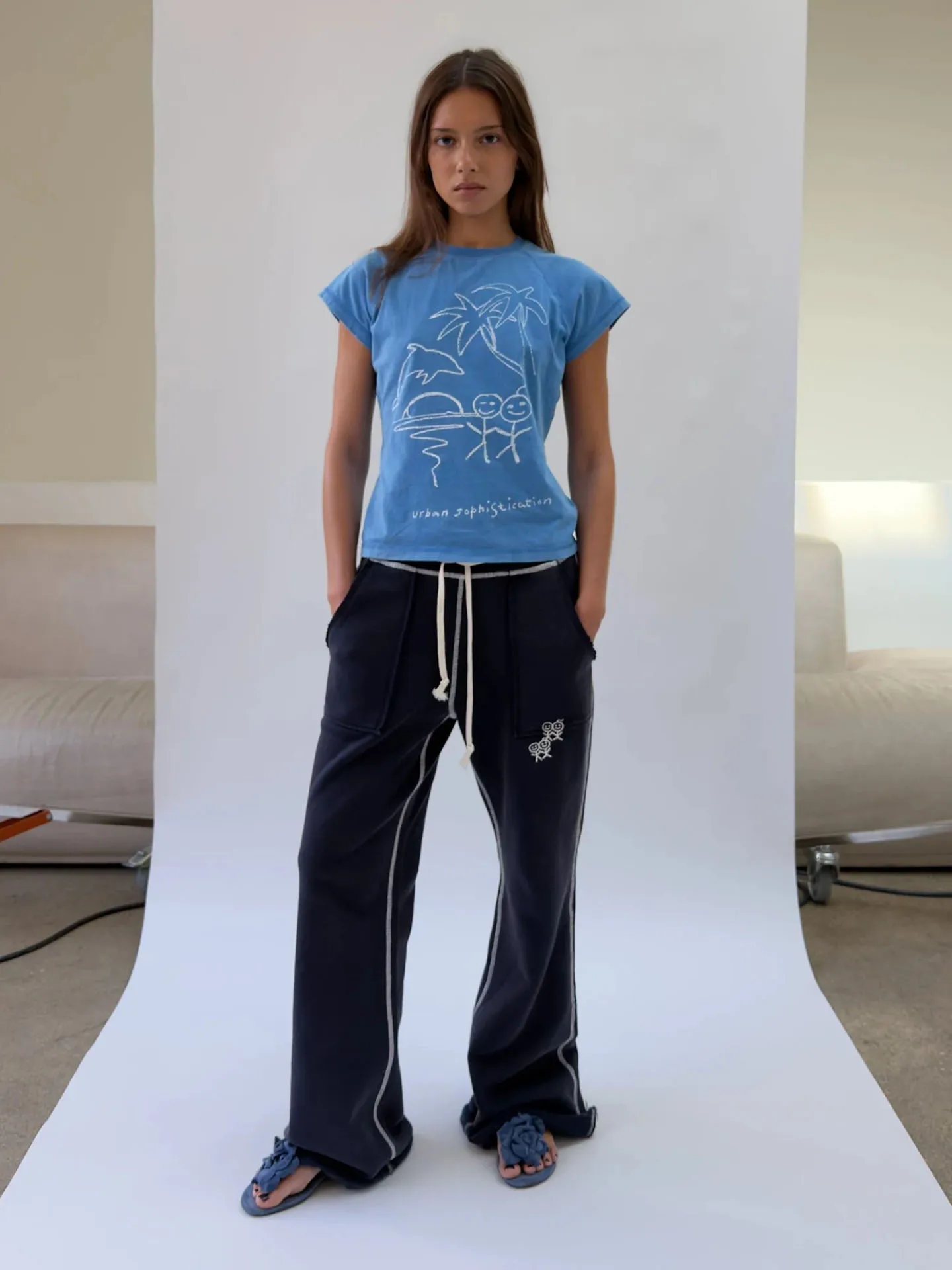 Urban Stickman Dark Blue Washed micro Sweatpants Contrasting Color Stitching White Stickman Embroidered Trousers
