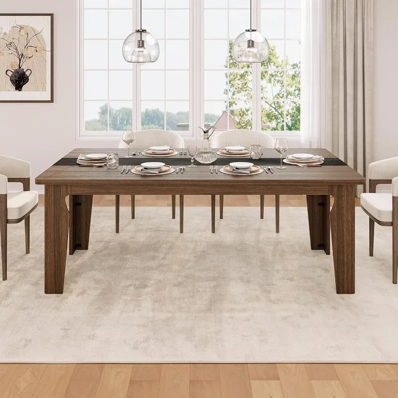 Farmhouse 71 Long Dining Table for 6-8 People Marble Texture Finish Kitchen Table with Sturdy Wooden Frame Rectangle Dining
