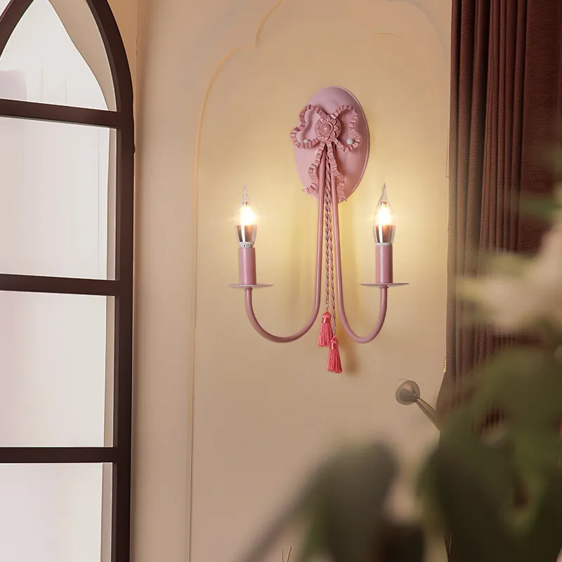 2-Light Pink Knot LED Wall Lamp for Children's Room Bow Design Kids Bedroom Lighting E14 Candle Bulb Compatible Girls Room Decor