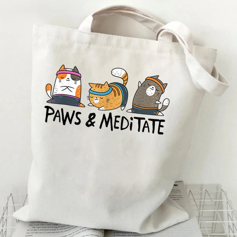 Women Tote Bags Yoga Cat PAWS & MEDITATE Print Canvas Shopping Bag Yoga Lover Design Canvas Shopping Bag Folding Women Handbags