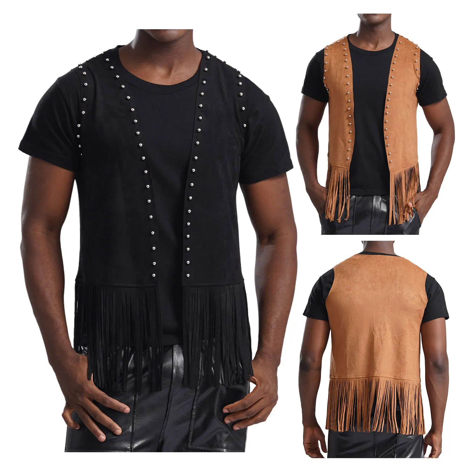 Men Brown Color Folkloric Western Cowboy Loose Fringe Vest Faux Suede Rivets Tassels Sleeveless Jacket Fashionable Vest Coats