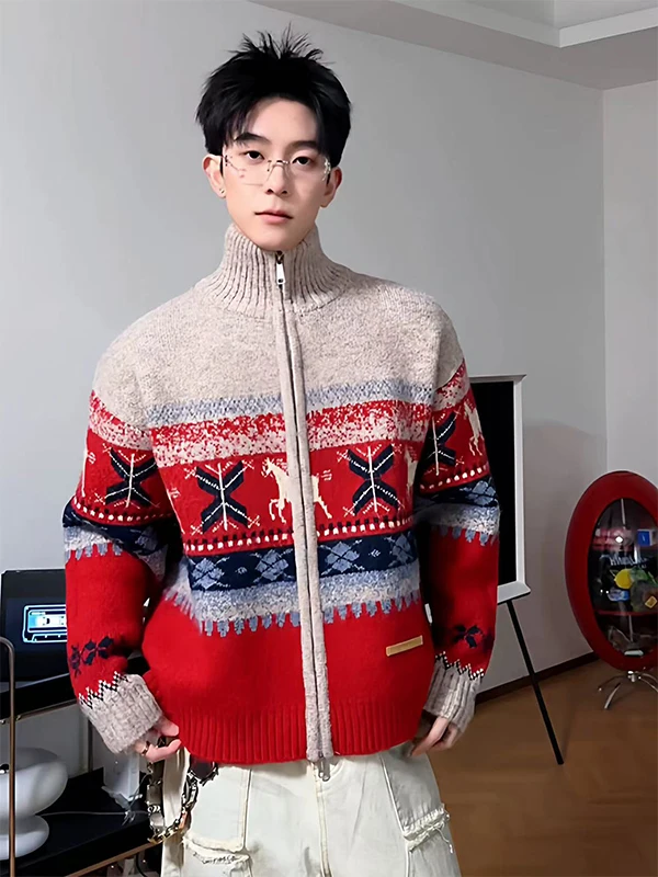 

Красный вязаный мужской свитер с высоким воротником, кардиган на молнии, с узором Fair Isle, весна-осень, винтажный стиль, модный дизайн