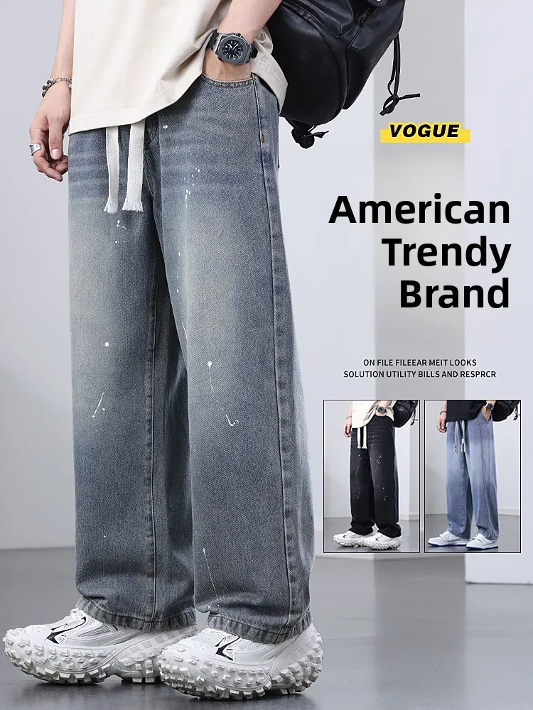 

Мужские джинсы в американском стиле с широкими штанинами, весенне-осенние, с эффектом брызг краски, свободные, прямые, винтажные, синие, больших размеров, длинные брюки