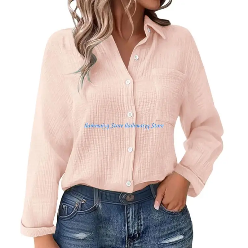 

573B Soft Polyester Long Sleeve Button Down Shirt Women Casual Elegant Blouse Top with Chest Pocket for Spring Fall