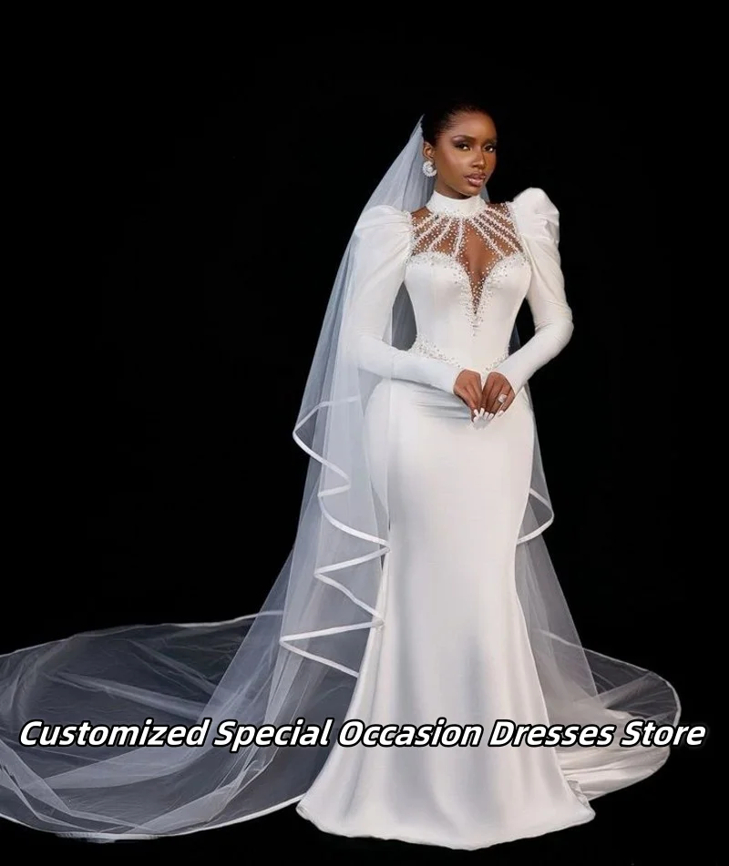 Elegante Lange Ärmel Meerjungfrau Brautkleider Für Nigerianischen Mädchen Hohe Qualität Perlen Peal Braut Kleider Vestido De Novia Angepasst