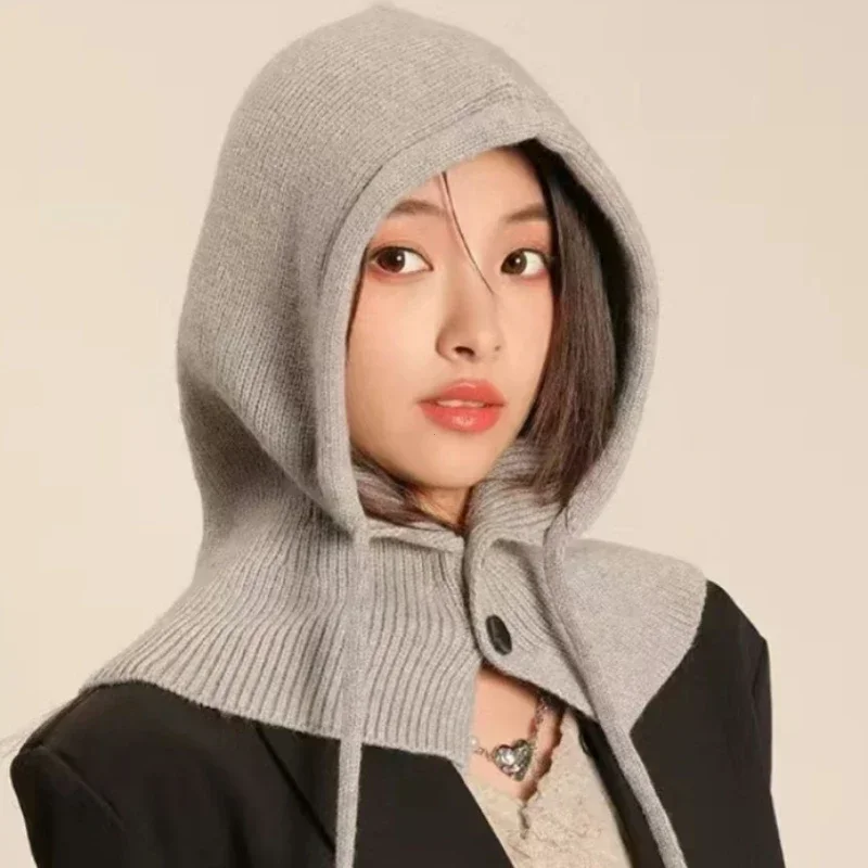 Korea Winter Hats and Scarf Set with Botton Scarf Balaclava Hat Warm Neck Set Women Knitted Wool Pullover Hat Gothic Y2k