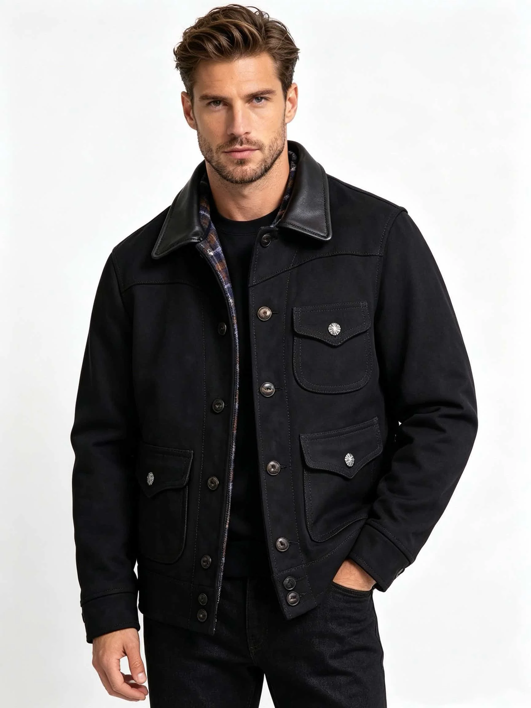 Black Autumn Leather Jacket Men Retro Style Plus Size 5XL Genuine Natural Cow Suede Turn-Down Collar Single Breasted Coat