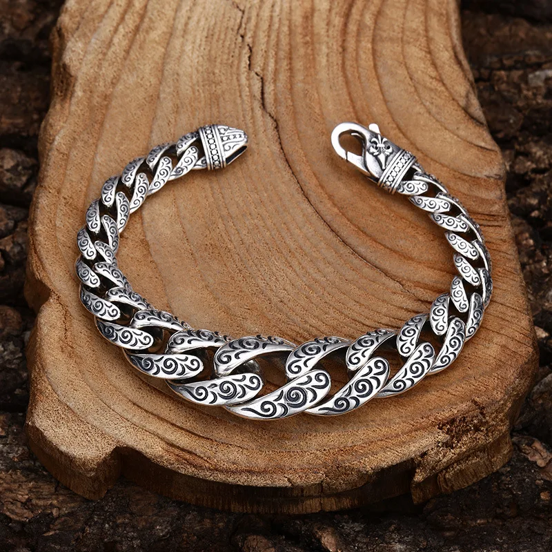 925 sterling silver bracelet Seiko tangcao pattern Cuban bracelet splendid trendy Thai silver vintage distressed ornament