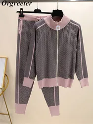 Fall Winter New Tracksuit Woman Color Patchwork Turtleneck Zipper Knitted Cardigans+Pants 2PCS Sets Long Sleeve Knit Top Trouser