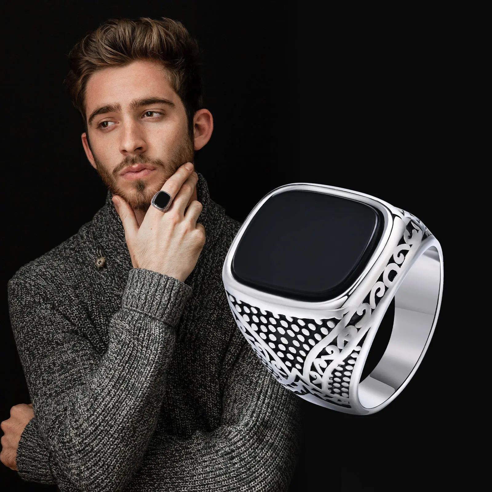 Men's Onyx Stone Silver Stainless Steel Ring