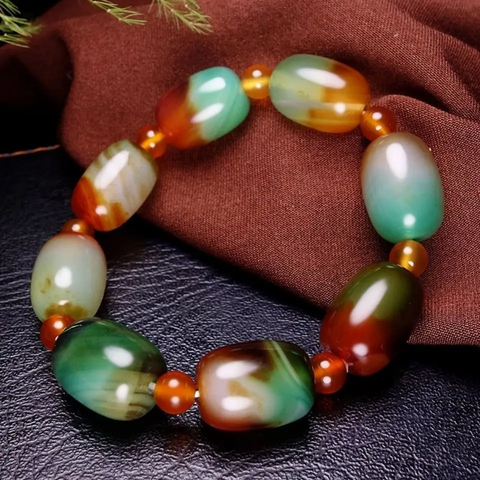 

Nanjing Natural Rain Flower Stone Peacock Green Agate Barrel Bead Bracelet Popular Bracelets for Men and Women