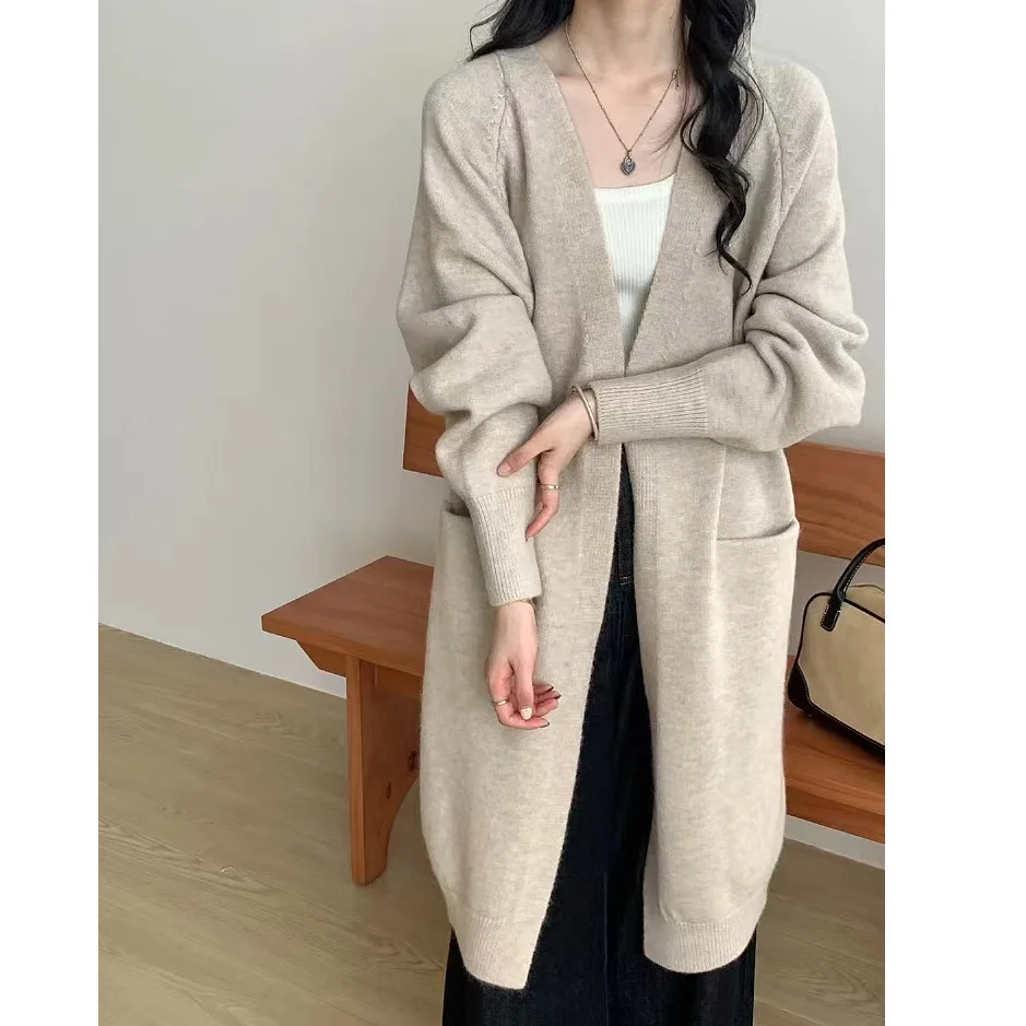

Solid-Color Mid-Length Pocket Sweater Jacket Autumn/Winter Korean Style Casual Look Relaxed Fit Knit Cardigan with Oversized