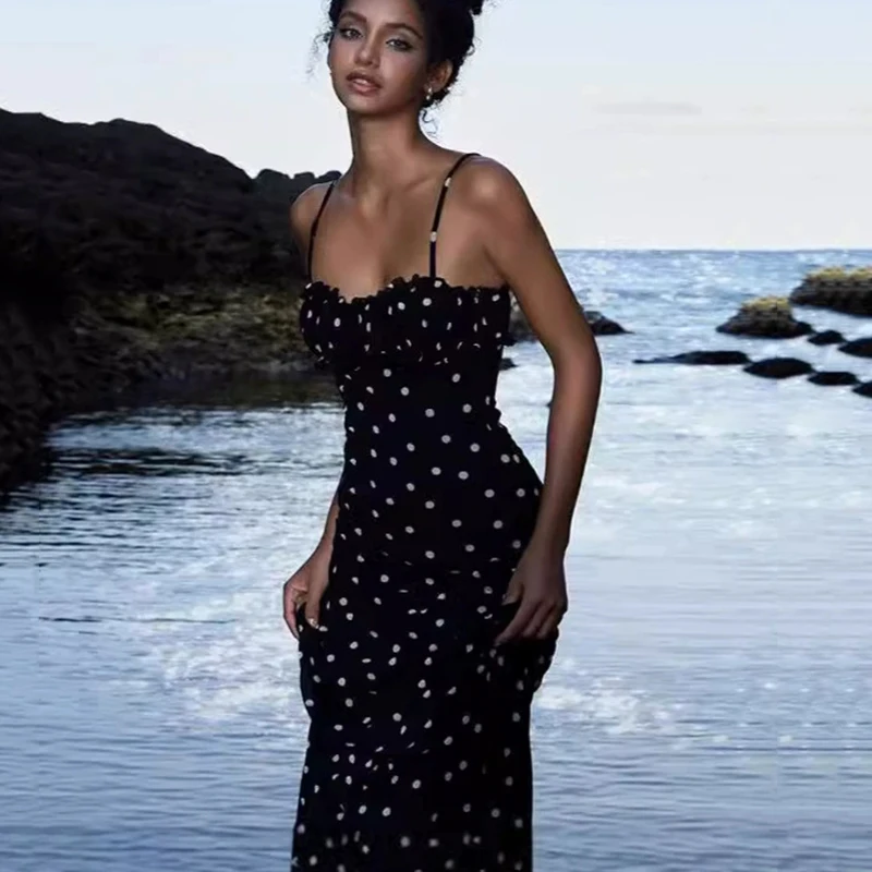 Abito lungo europeo elegante con cinturino per spaghetti Abito da donna con stampa a pois senza schienale Donna Temperamento Abito da festa e da sposa da donna