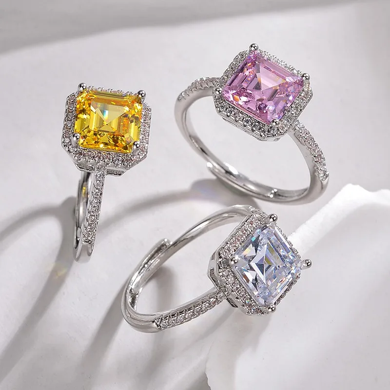 

100% 925 Sterling Silver 8*10mm Yellow Pink Aquamarine High Carbon Diamond Radiant Cut Rings For Women Party Fine Jewelry